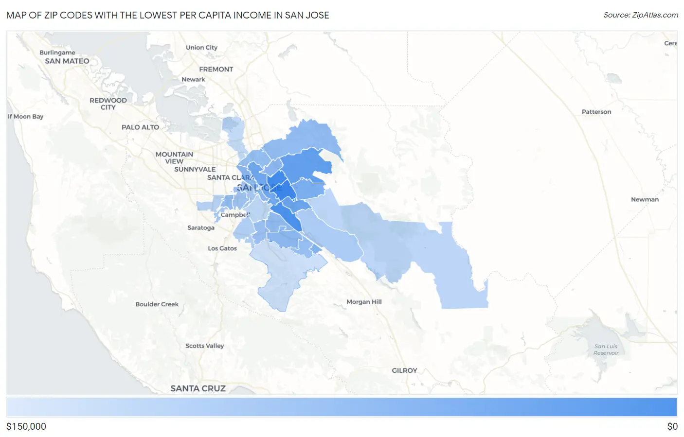 Zip Codes with the Lowest Per Capita Income in San Jose Map