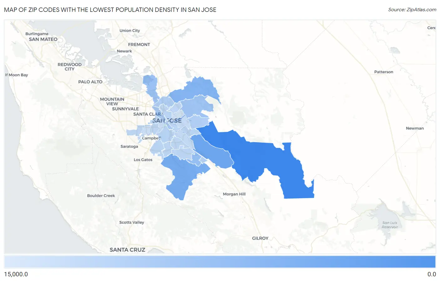 Zip Codes with the Lowest Population Density in San Jose Map