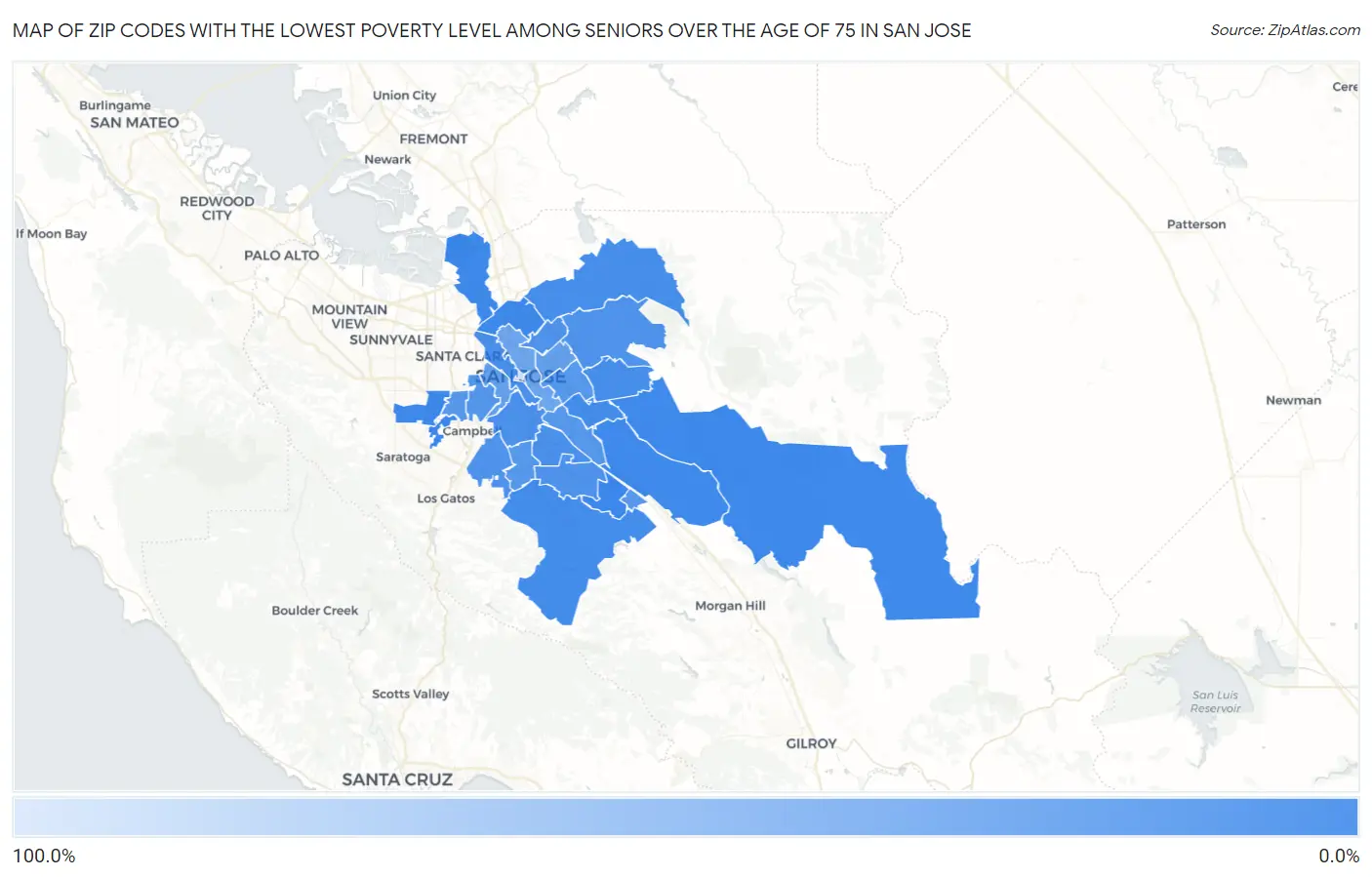 Zip Codes with the Lowest Poverty Level Among Seniors Over the Age of 75 in San Jose Map