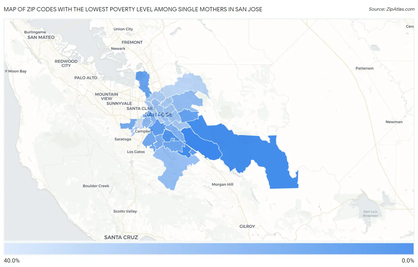 Zip Codes with the Lowest Poverty Level Among Single Mothers in San Jose Map