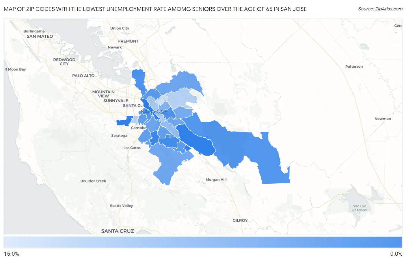Zip Codes with the Lowest Unemployment Rate Amomg Seniors Over the Age of 65 in San Jose Map