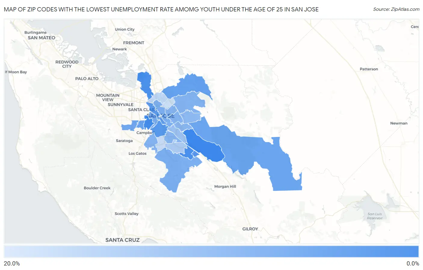 Zip Codes with the Lowest Unemployment Rate Amomg Youth Under the Age of 25 in San Jose Map