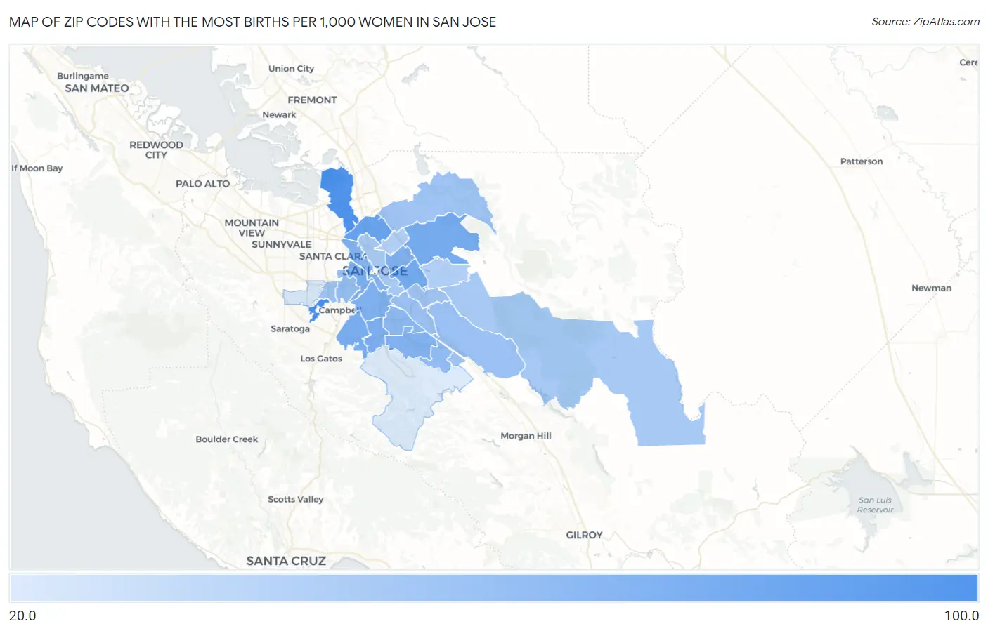 Zip Codes with the Most Births per 1,000 Women in San Jose Map