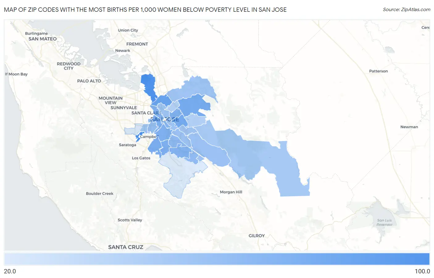 Zip Codes with the Most Births per 1,000 Women Below Poverty Level in San Jose Map