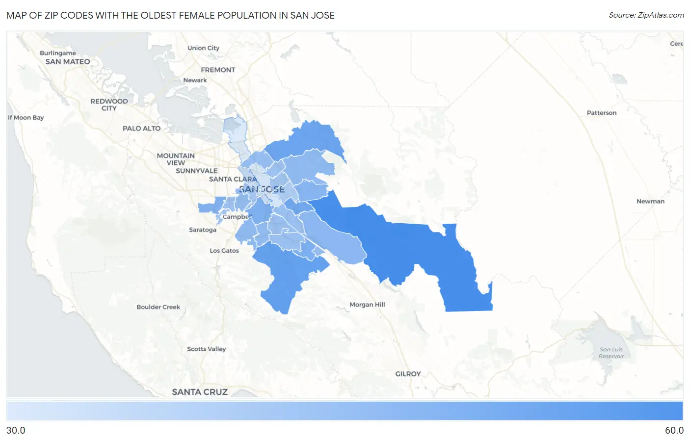 Zip Codes with the Oldest Female Population in San Jose Map