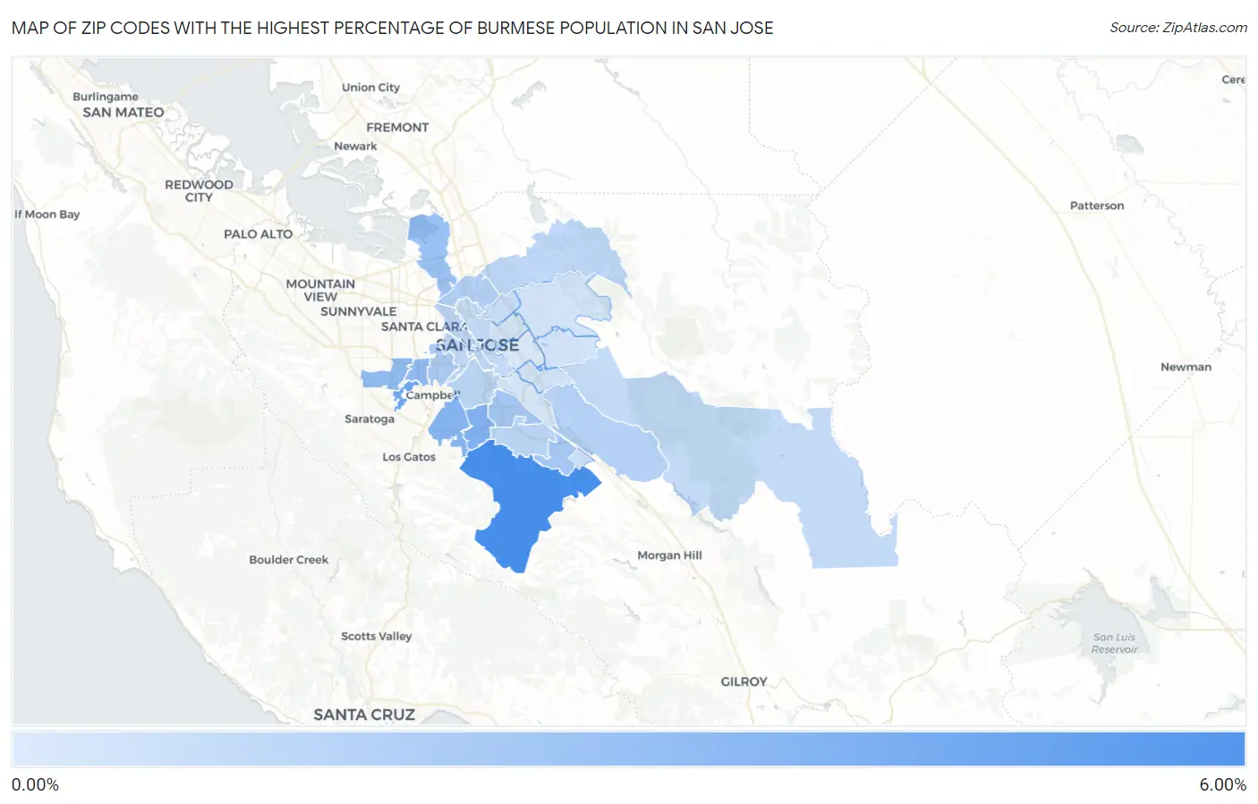 Zip Codes with the Highest Percentage of Burmese Population in San Jose Map