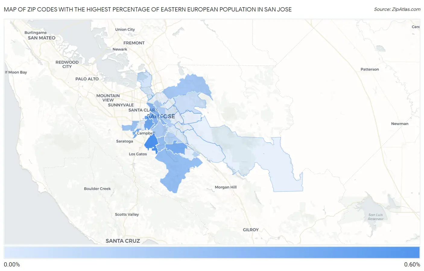 Zip Codes with the Highest Percentage of Eastern European Population in San Jose Map