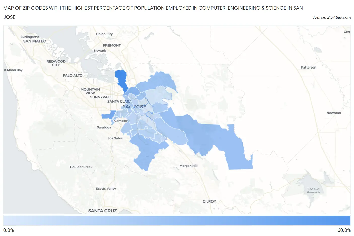 Zip Codes with the Highest Percentage of Population Employed in Computer, Engineering & Science in San Jose Map