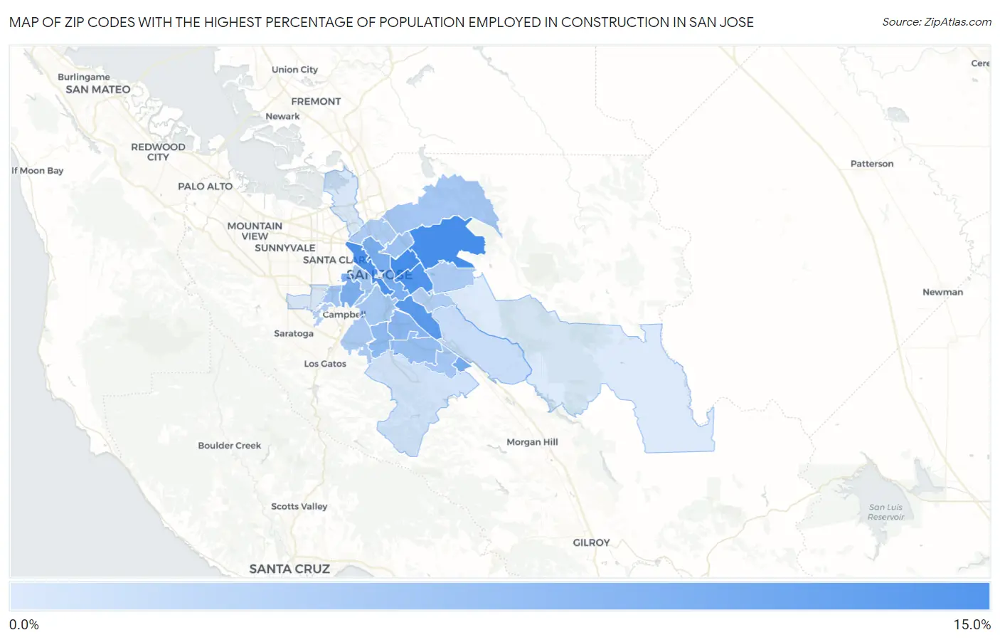 Zip Codes with the Highest Percentage of Population Employed in Construction in San Jose Map