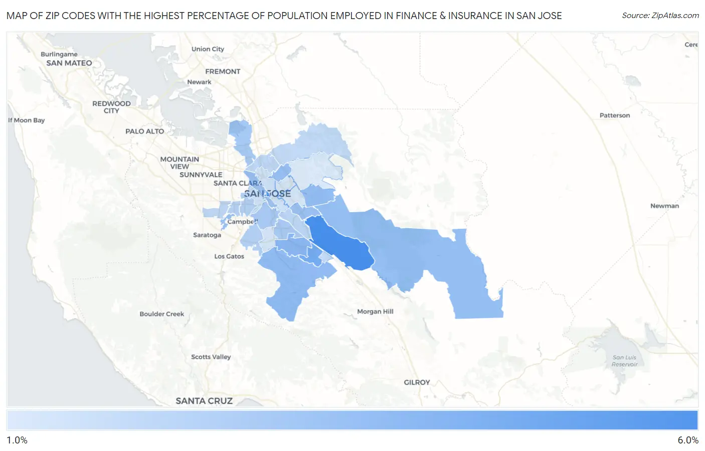 Zip Codes with the Highest Percentage of Population Employed in Finance & Insurance in San Jose Map