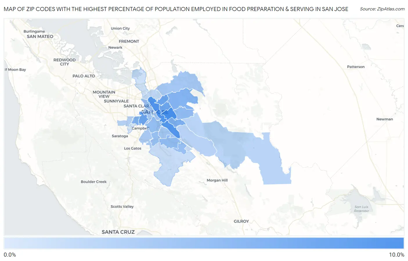 Zip Codes with the Highest Percentage of Population Employed in Food Preparation & Serving in San Jose Map