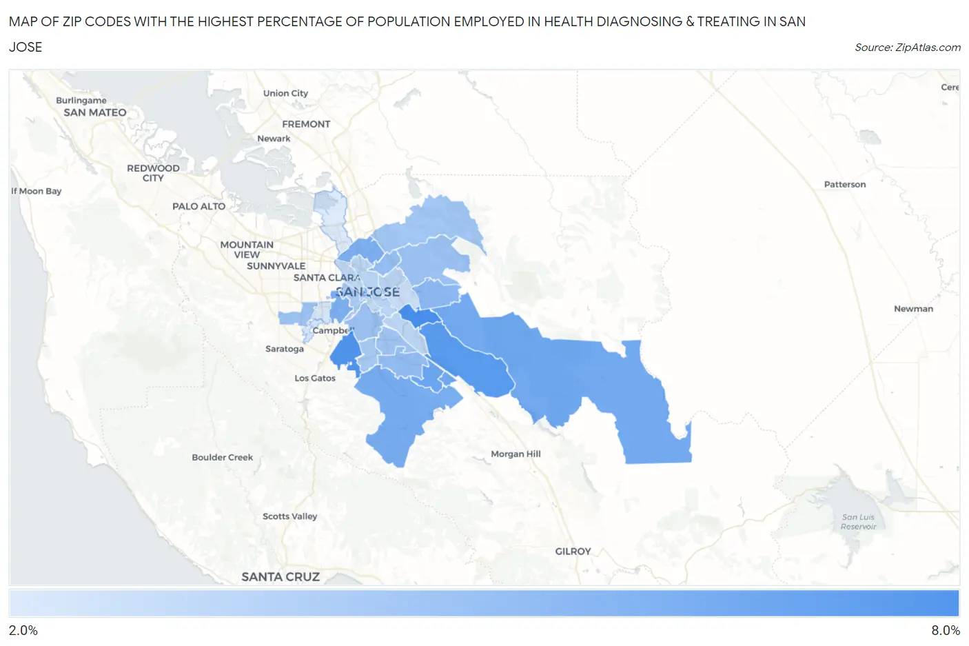 Zip Codes with the Highest Percentage of Population Employed in Health Diagnosing & Treating in San Jose Map