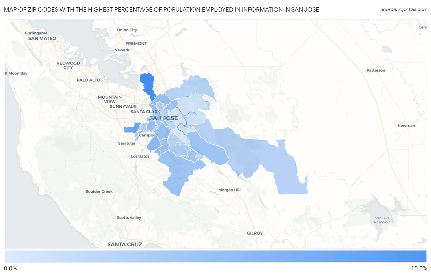 Zip Codes with the Highest Percentage of Population Employed in Information in San Jose Map