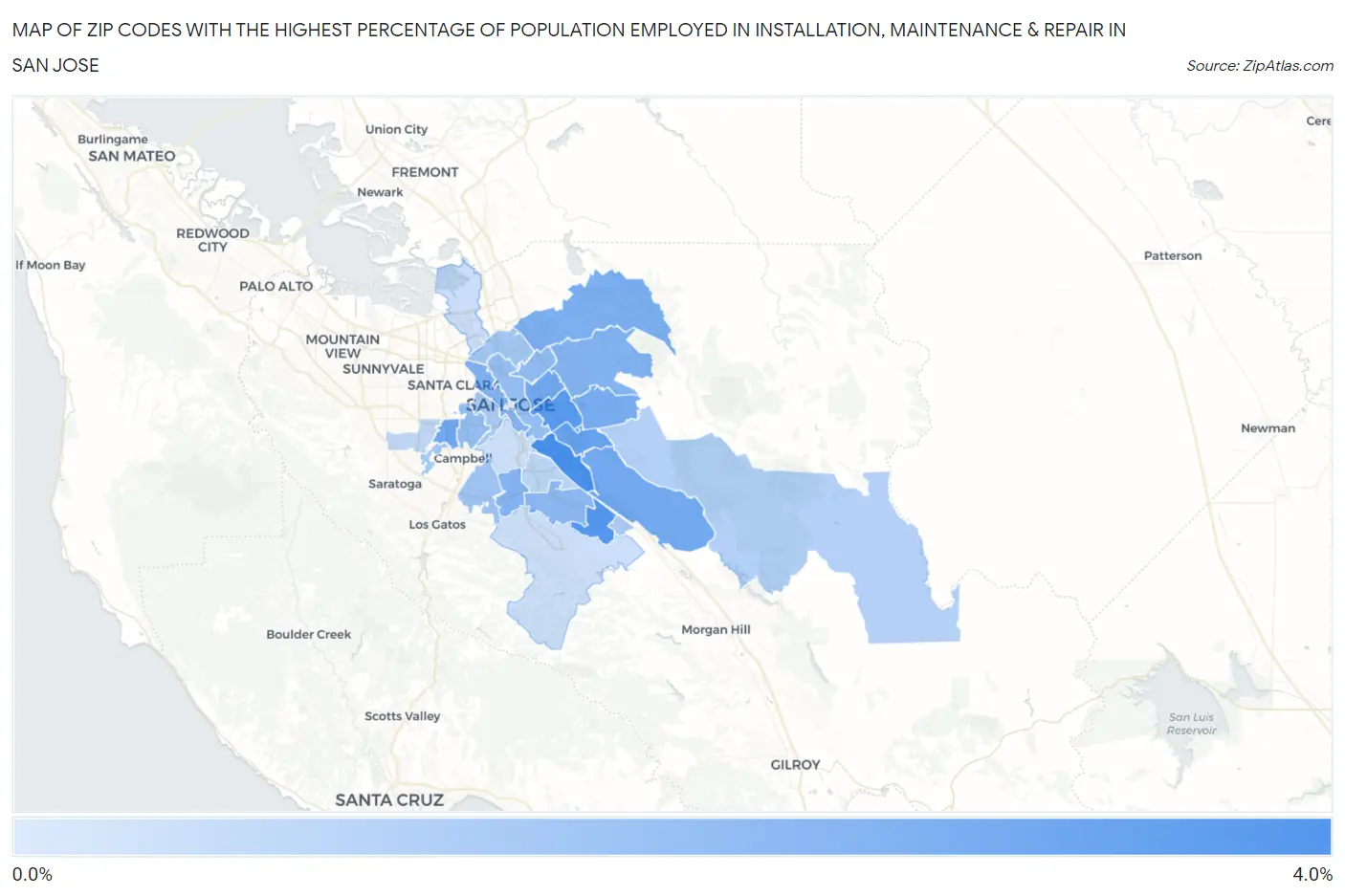 Zip Codes with the Highest Percentage of Population Employed in Installation, Maintenance & Repair in San Jose Map