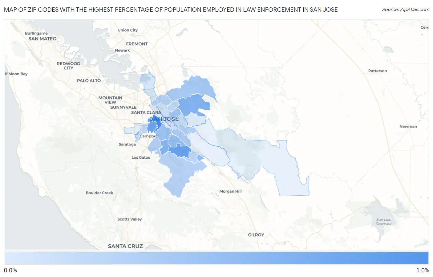 Zip Codes with the Highest Percentage of Population Employed in Law Enforcement in San Jose Map