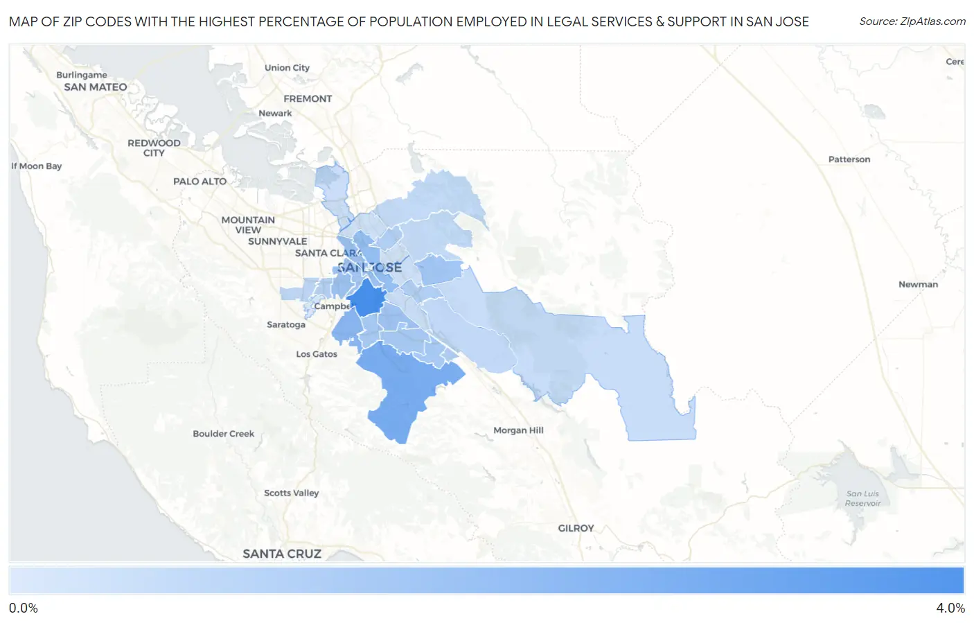 Zip Codes with the Highest Percentage of Population Employed in Legal Services & Support in San Jose Map
