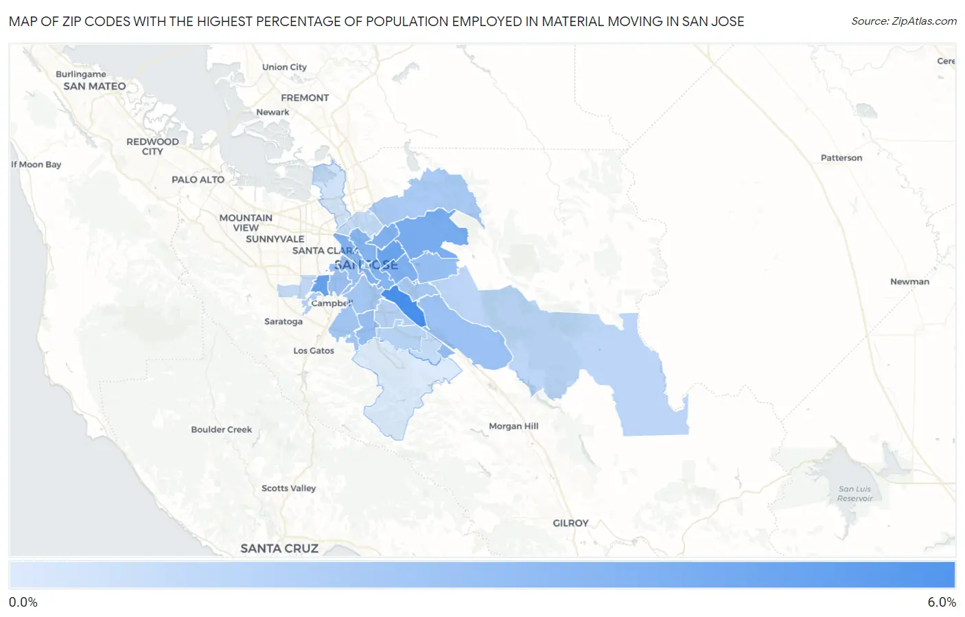 Zip Codes with the Highest Percentage of Population Employed in Material Moving in San Jose Map