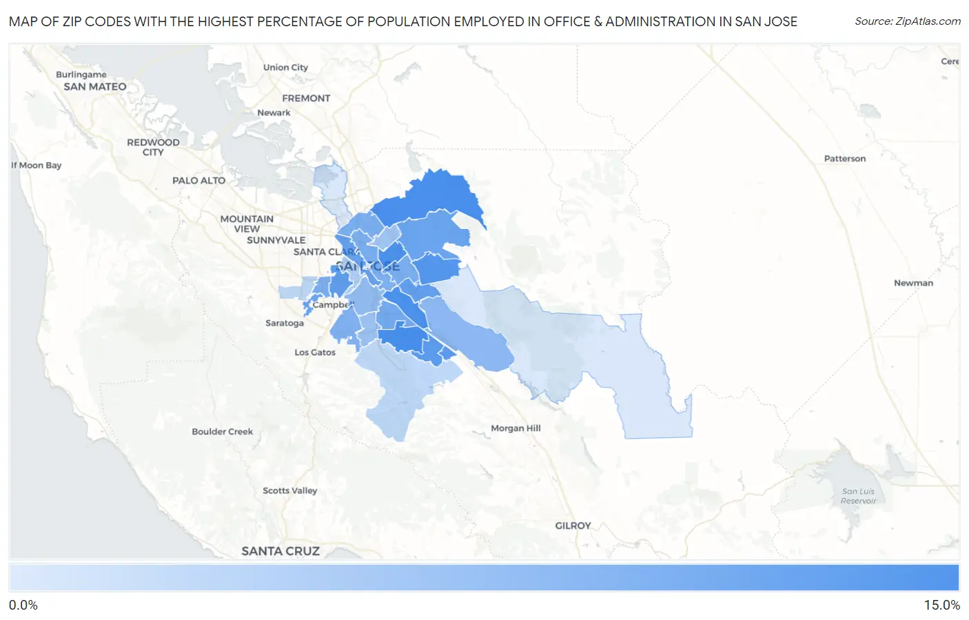Zip Codes with the Highest Percentage of Population Employed in Office & Administration in San Jose Map