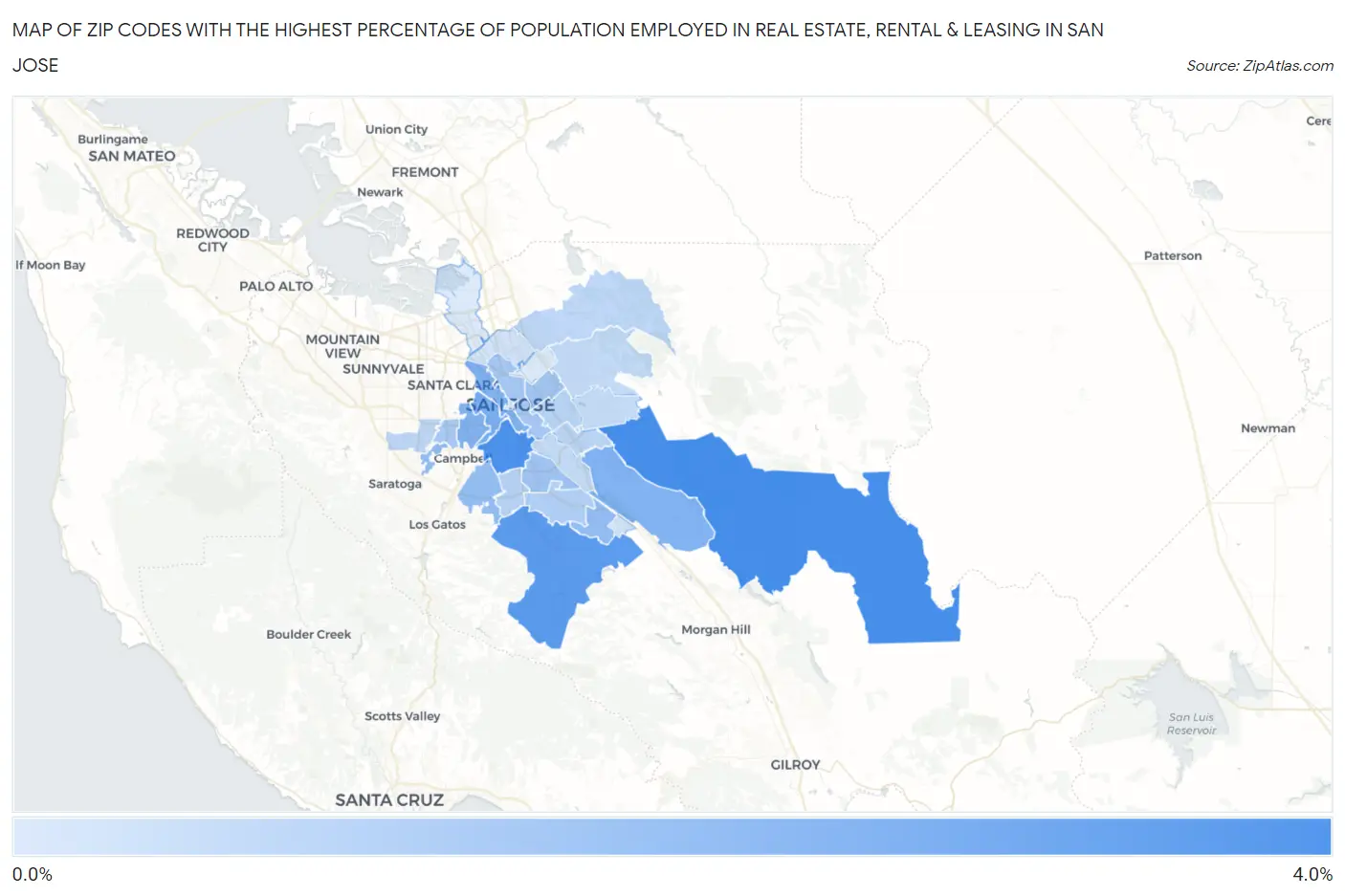 Zip Codes with the Highest Percentage of Population Employed in Real Estate, Rental & Leasing in San Jose Map