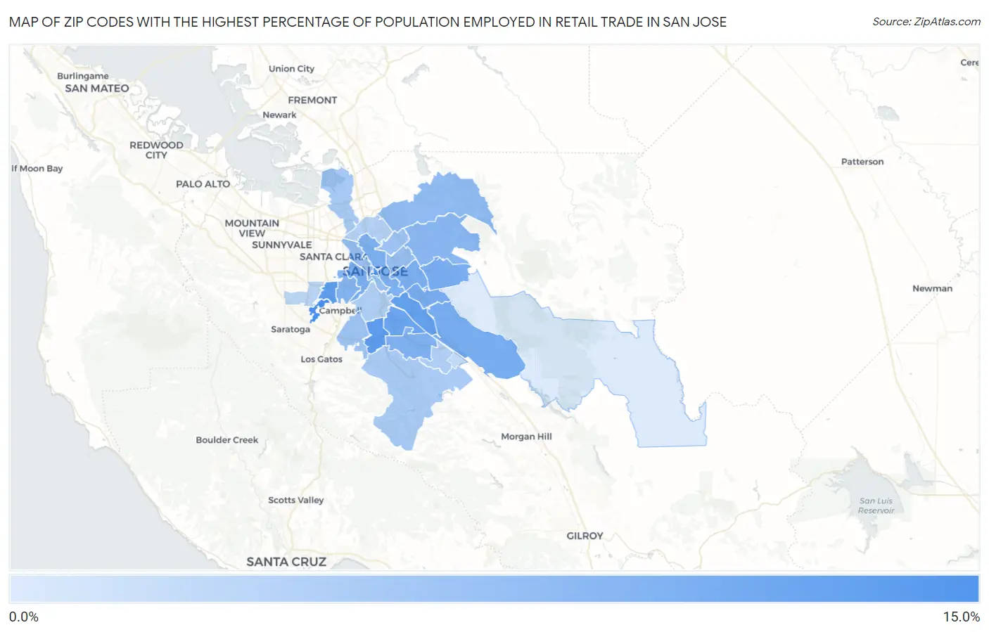 Zip Codes with the Highest Percentage of Population Employed in Retail Trade in San Jose Map