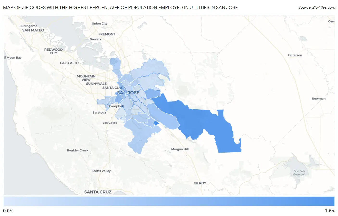 Zip Codes with the Highest Percentage of Population Employed in Utilities in San Jose Map