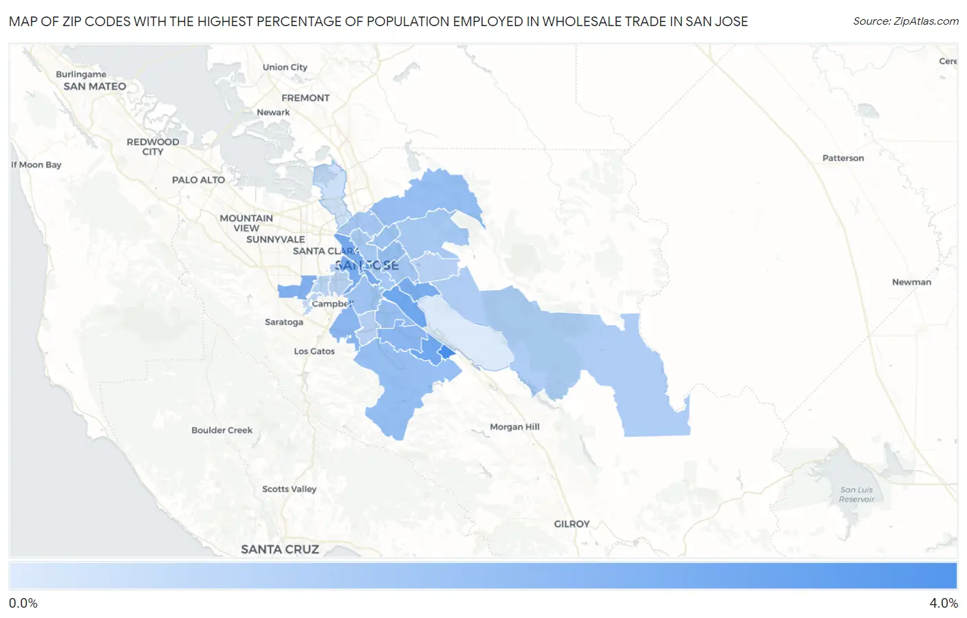 Zip Codes with the Highest Percentage of Population Employed in Wholesale Trade in San Jose Map