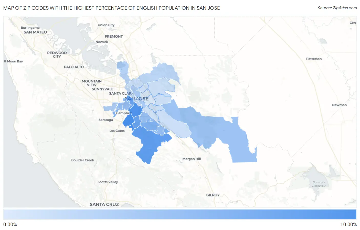 Zip Codes with the Highest Percentage of English Population in San Jose Map