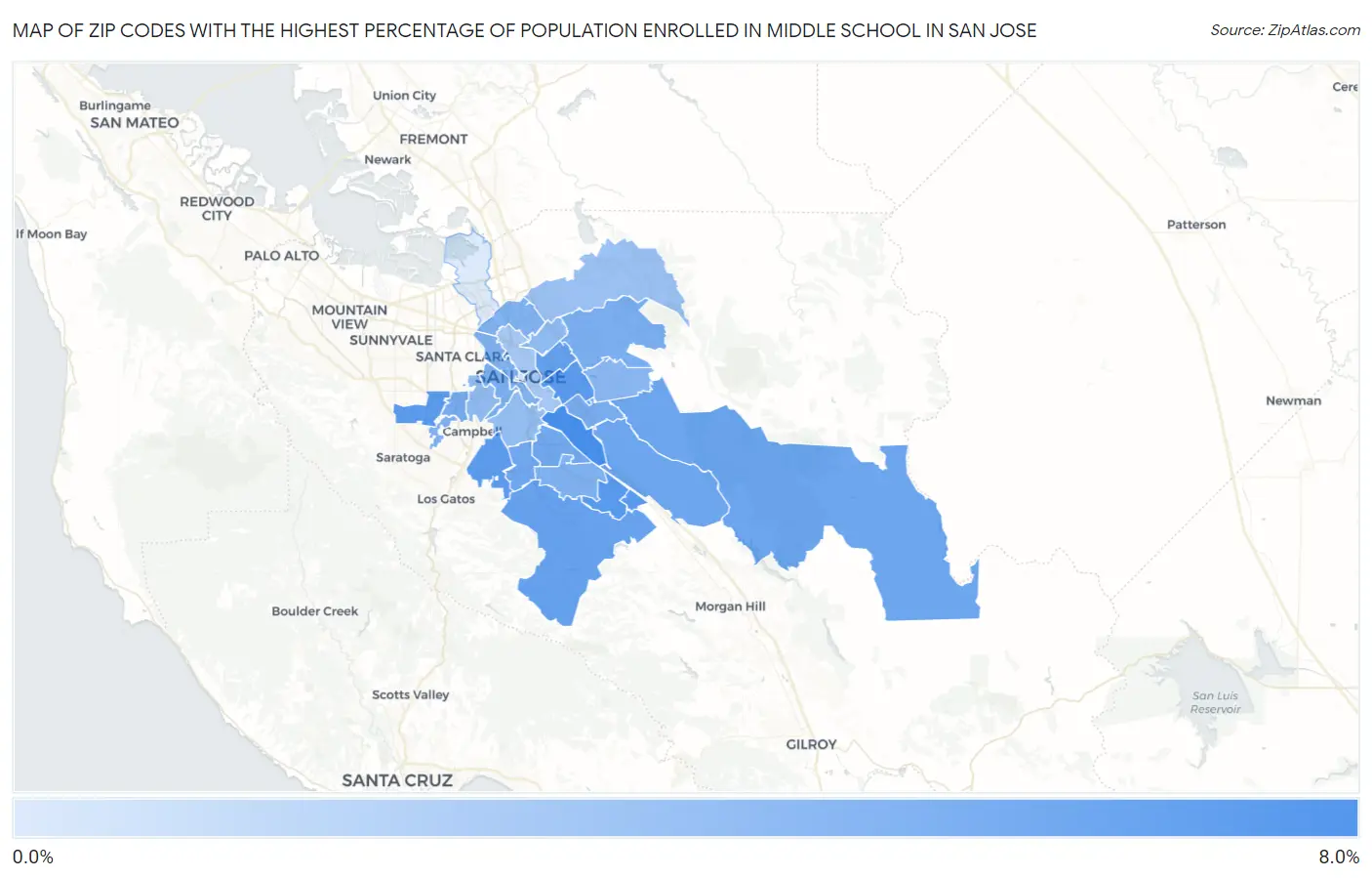 Zip Codes with the Highest Percentage of Population Enrolled in Middle School in San Jose Map