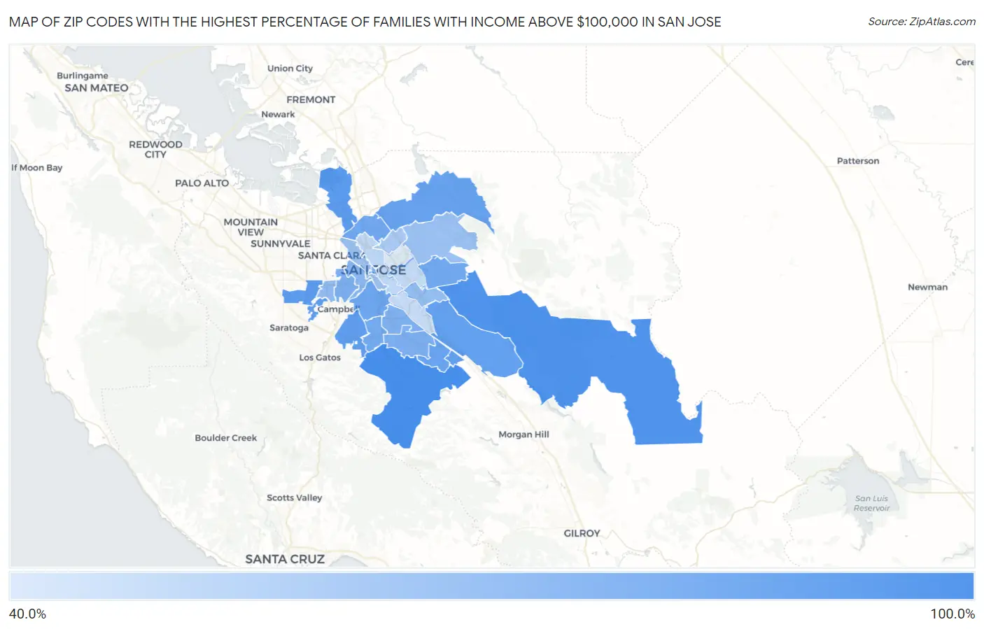 Zip Codes with the Highest Percentage of Families with Income Above $100,000 in San Jose Map