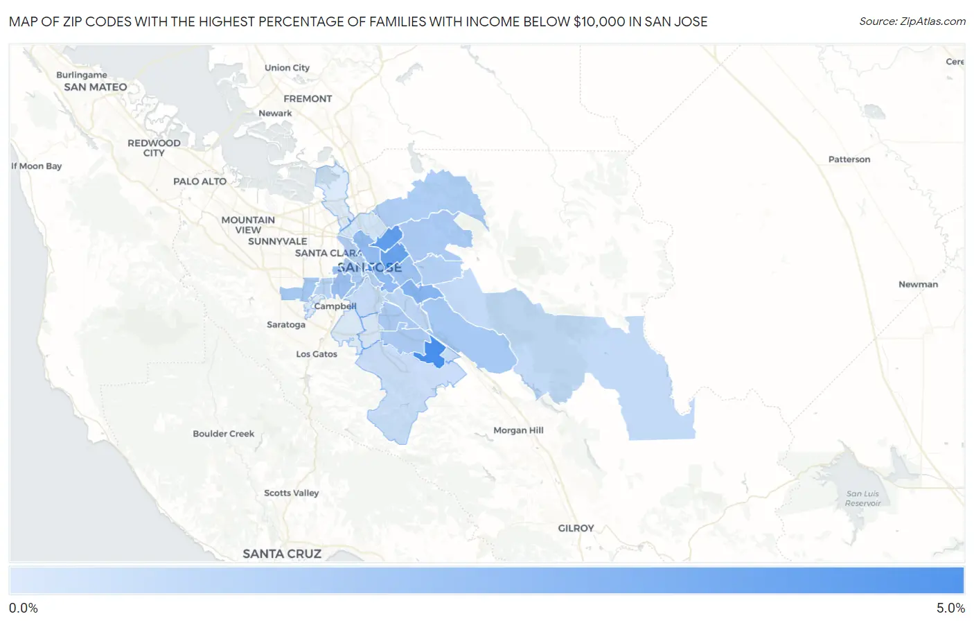 Zip Codes with the Highest Percentage of Families with Income Below $10,000 in San Jose Map