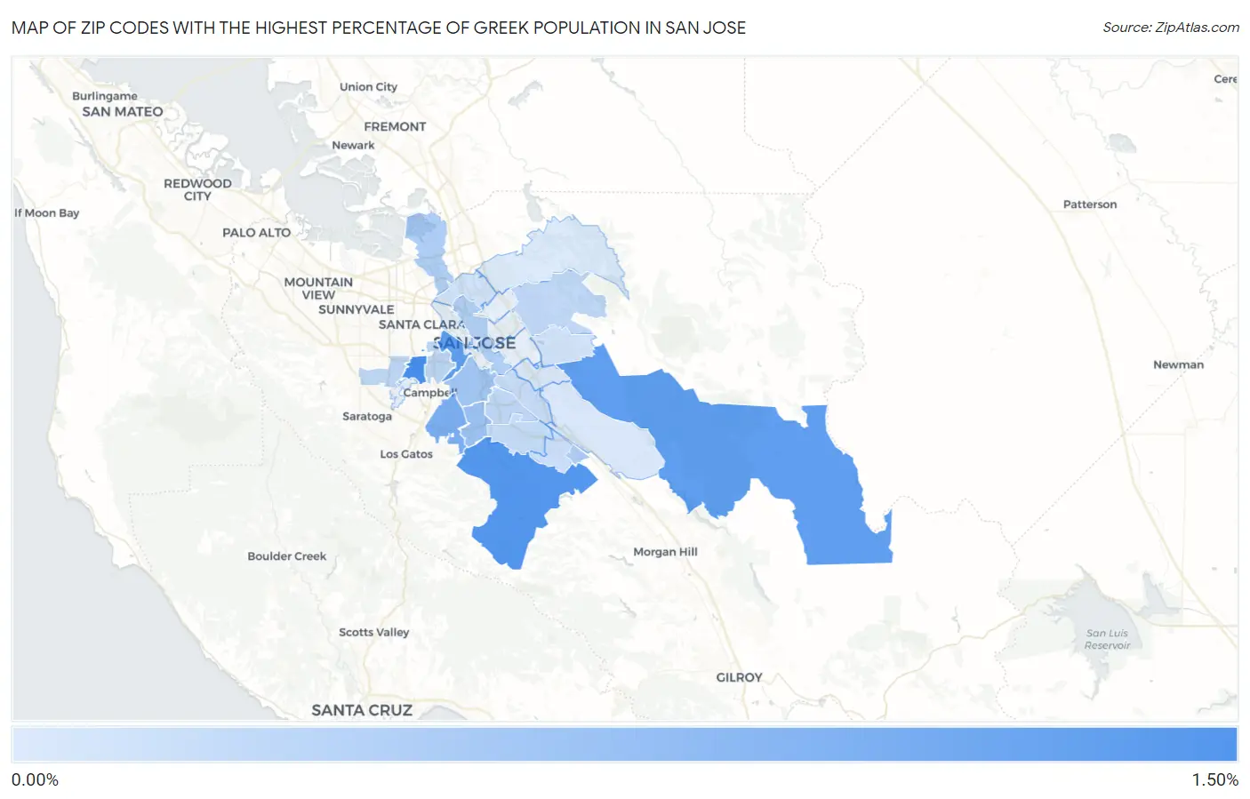 Zip Codes with the Highest Percentage of Greek Population in San Jose Map