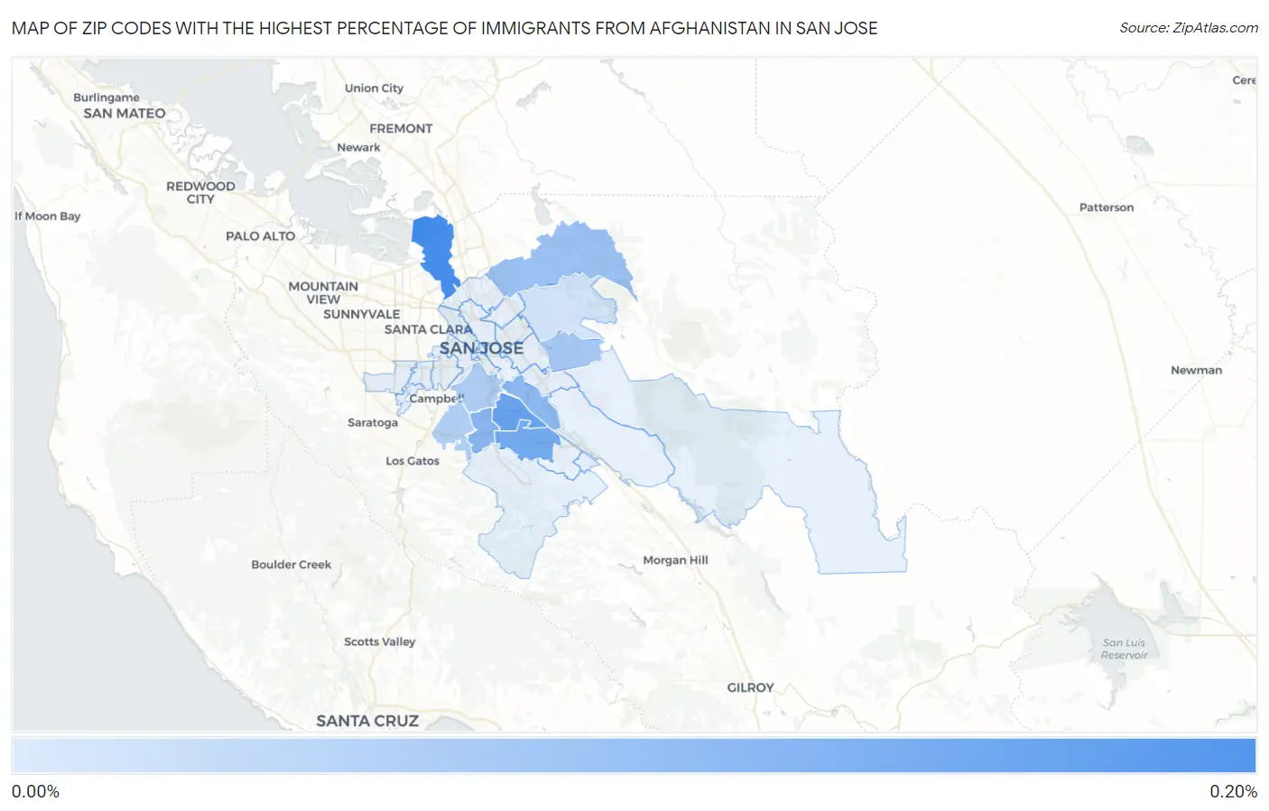 Zip Codes with the Highest Percentage of Immigrants from Afghanistan in San Jose Map