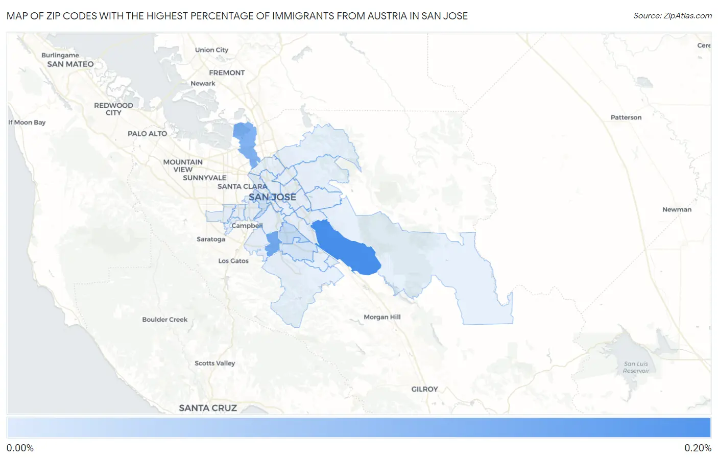 Zip Codes with the Highest Percentage of Immigrants from Austria in San Jose Map