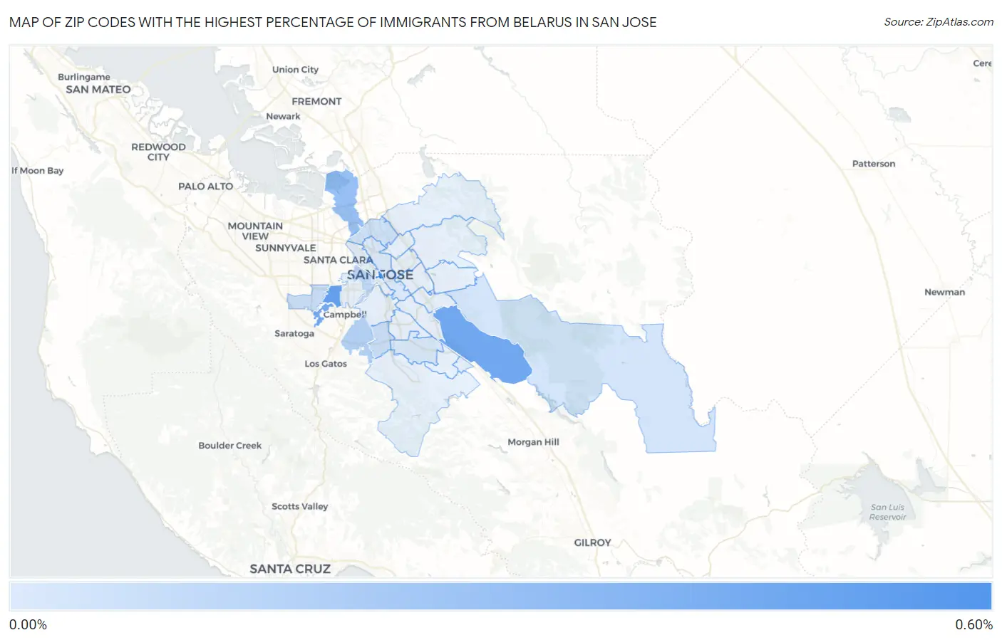 Zip Codes with the Highest Percentage of Immigrants from Belarus in San Jose Map