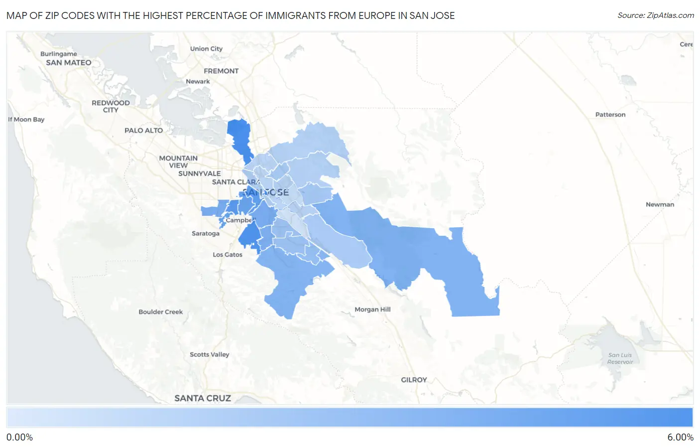 Zip Codes with the Highest Percentage of Immigrants from Europe in San Jose Map