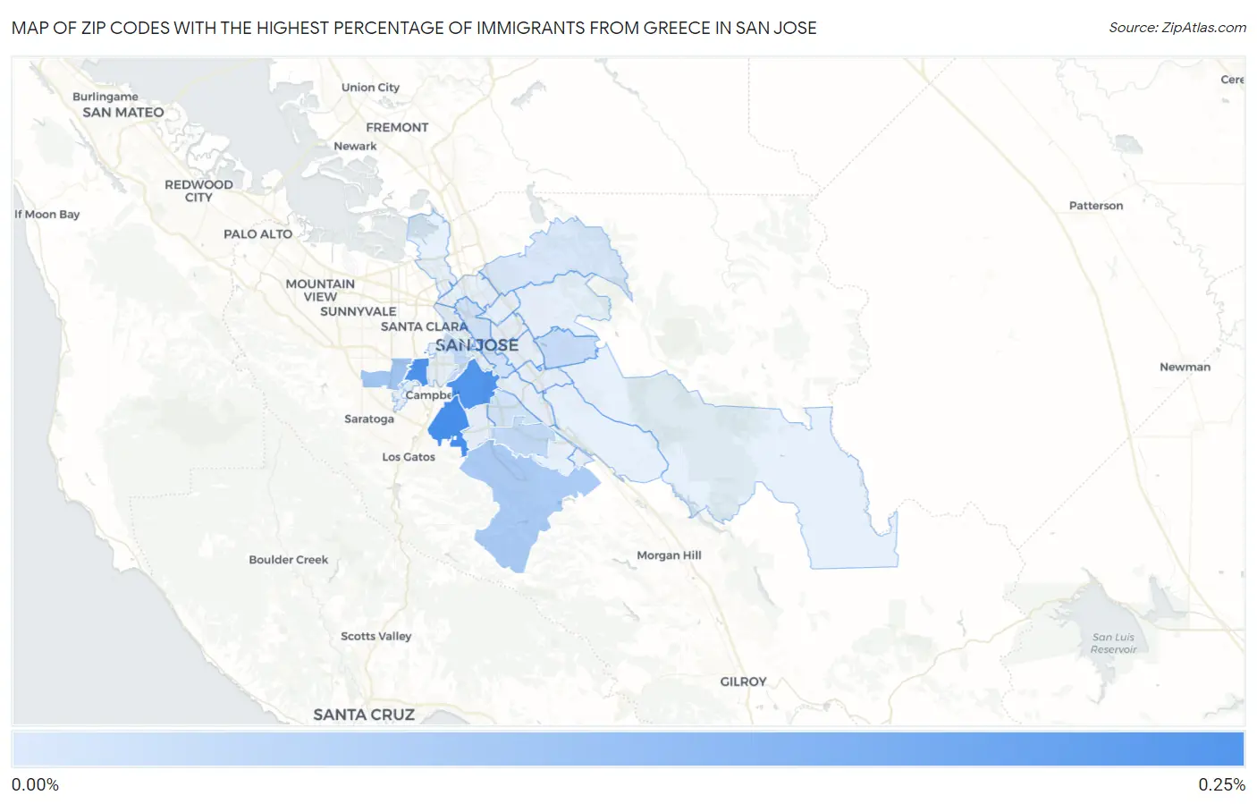 Zip Codes with the Highest Percentage of Immigrants from Greece in San Jose Map