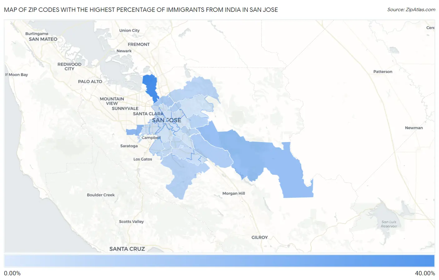 Zip Codes with the Highest Percentage of Immigrants from India in San Jose Map
