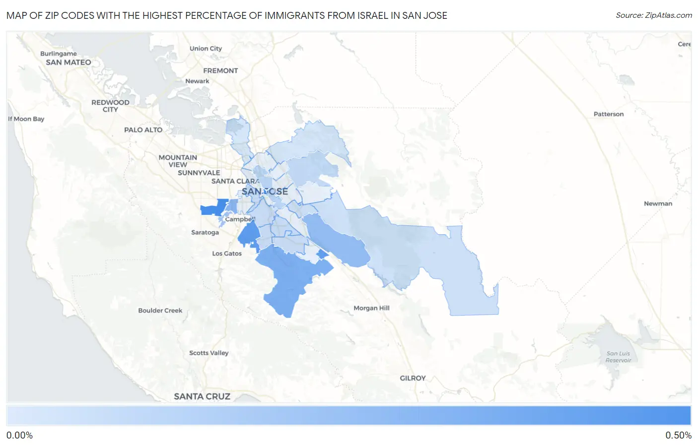 Zip Codes with the Highest Percentage of Immigrants from Israel in San Jose Map