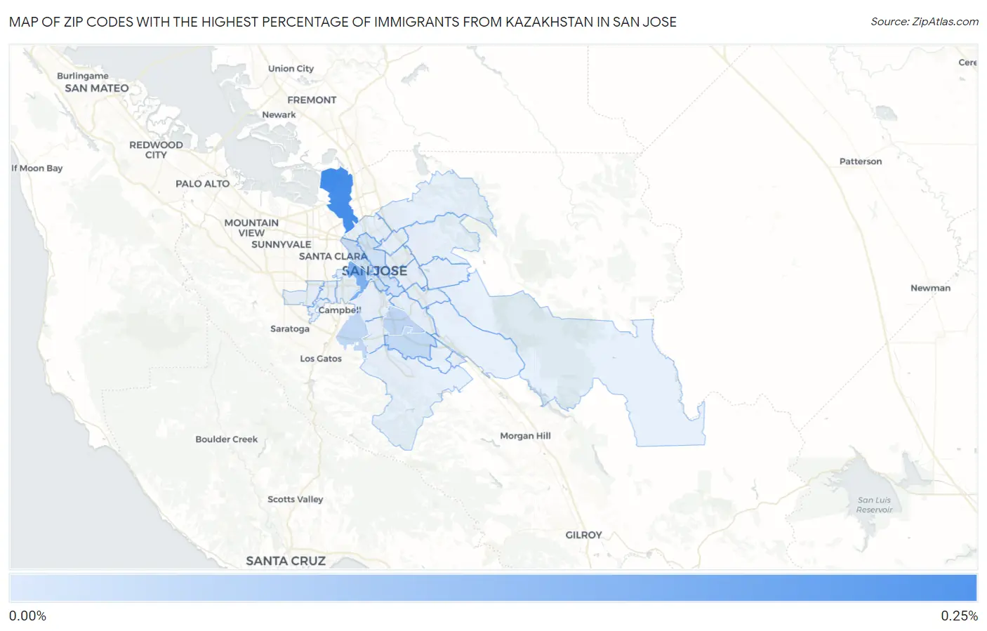 Zip Codes with the Highest Percentage of Immigrants from Kazakhstan in San Jose Map