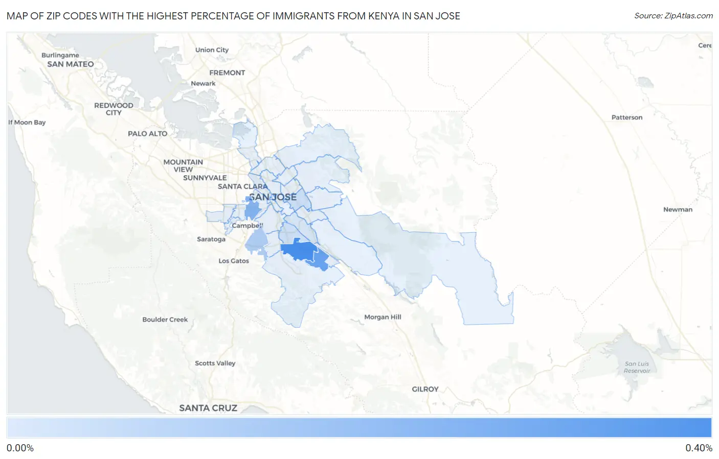 Zip Codes with the Highest Percentage of Immigrants from Kenya in San Jose Map
