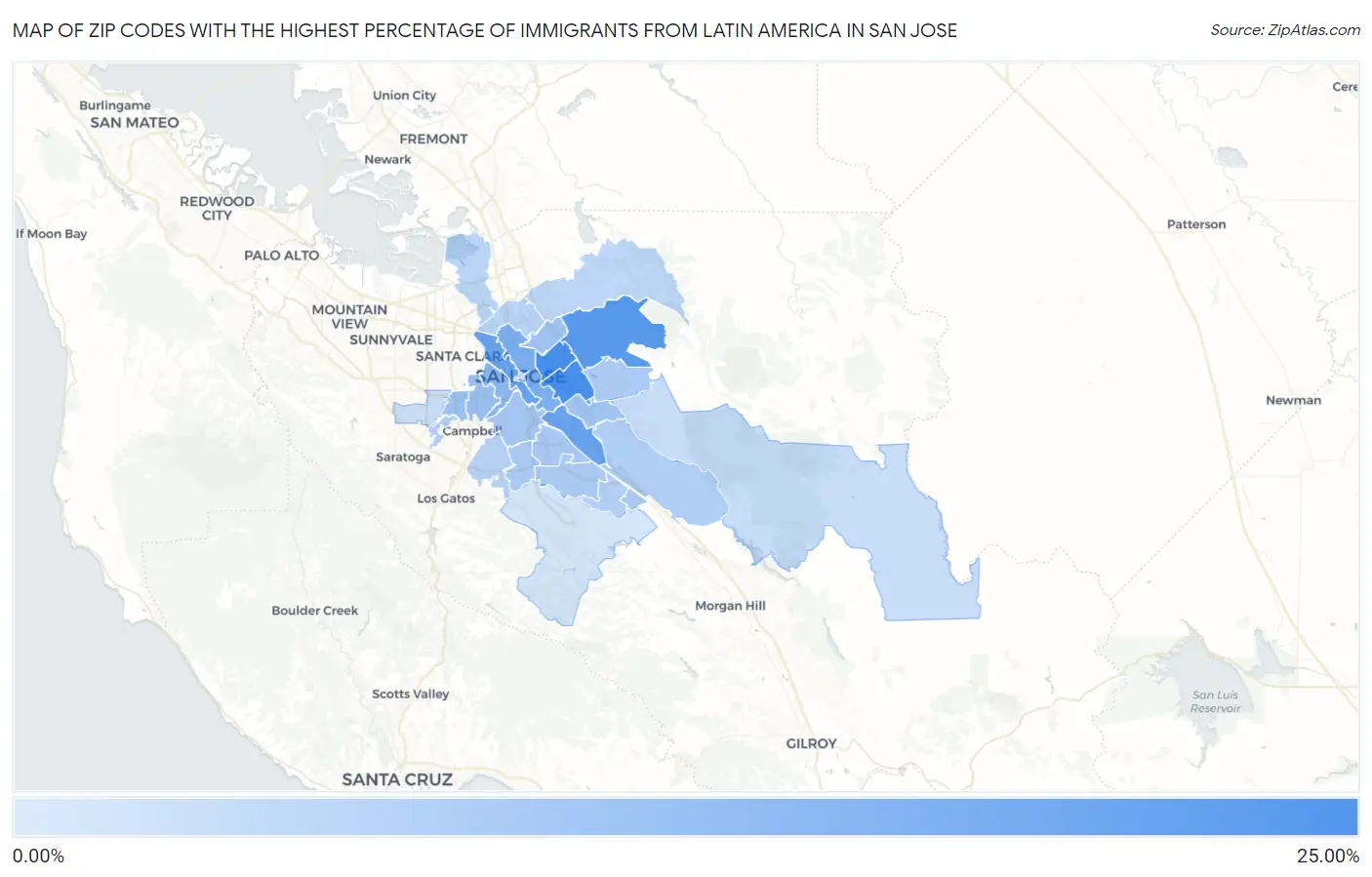 Zip Codes with the Highest Percentage of Immigrants from Latin America in San Jose Map