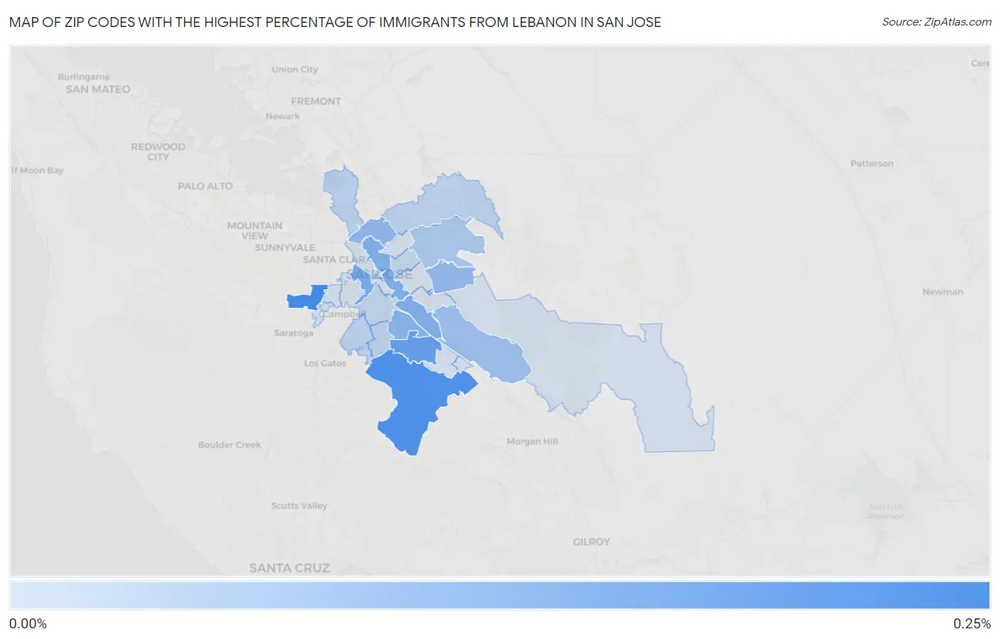 Zip Codes with the Highest Percentage of Immigrants from Lebanon in San Jose Map