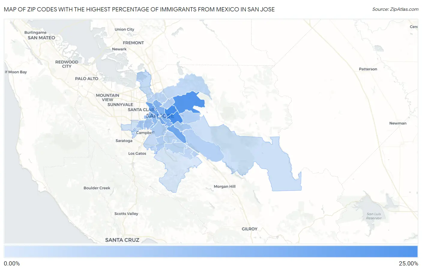 Zip Codes with the Highest Percentage of Immigrants from Mexico in San Jose Map