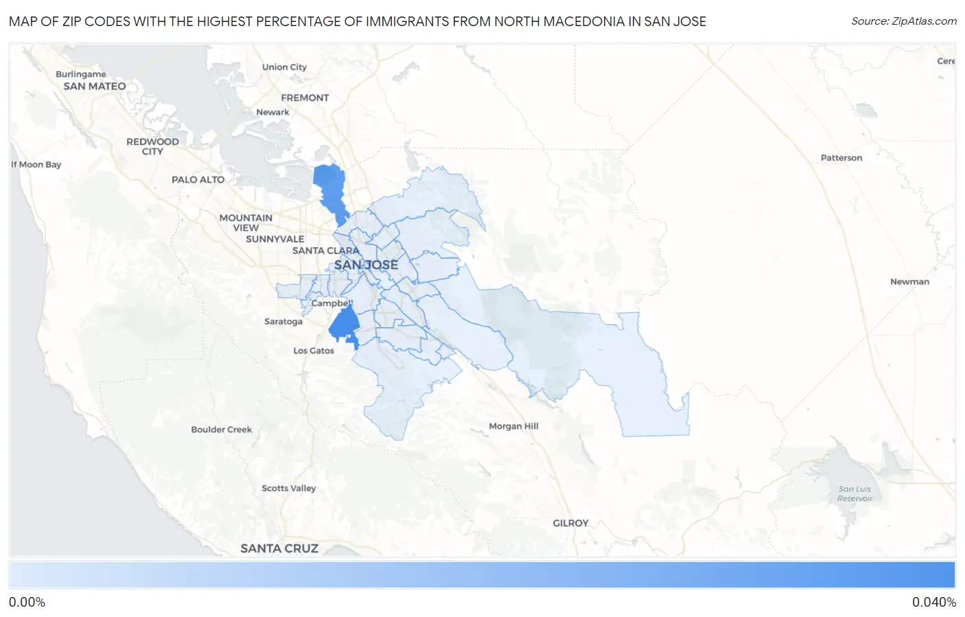 Zip Codes with the Highest Percentage of Immigrants from North Macedonia in San Jose Map