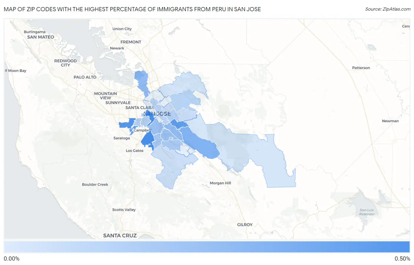Zip Codes with the Highest Percentage of Immigrants from Peru in San Jose Map