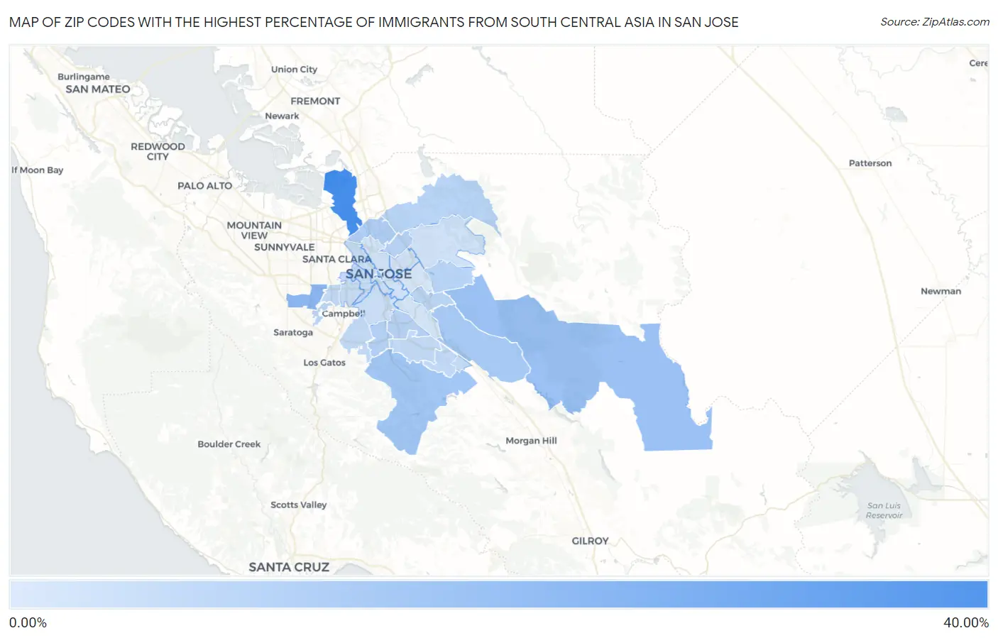 Zip Codes with the Highest Percentage of Immigrants from South Central Asia in San Jose Map