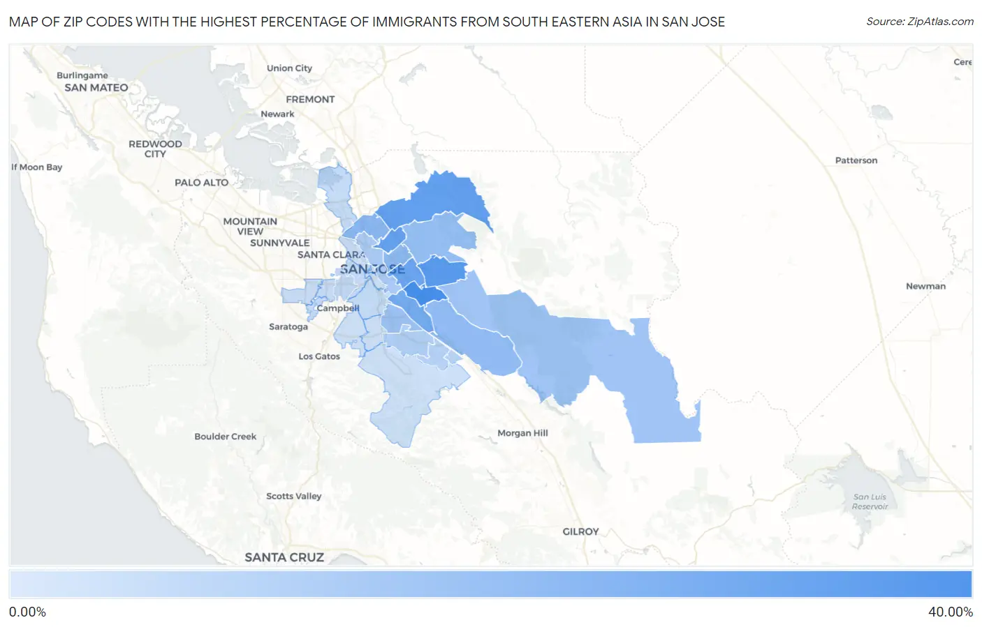 Zip Codes with the Highest Percentage of Immigrants from South Eastern Asia in San Jose Map