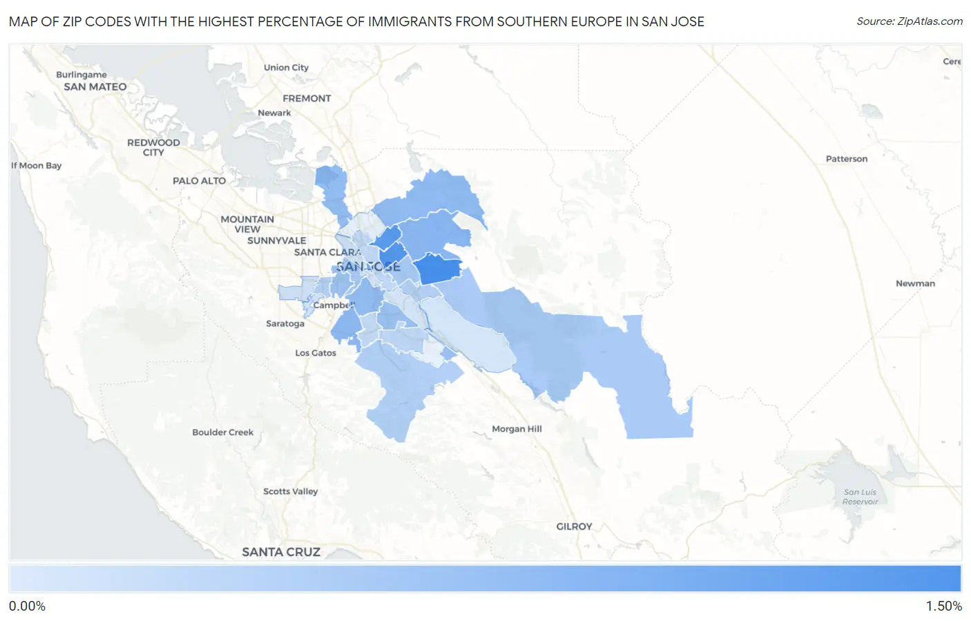 Zip Codes with the Highest Percentage of Immigrants from Southern Europe in San Jose Map