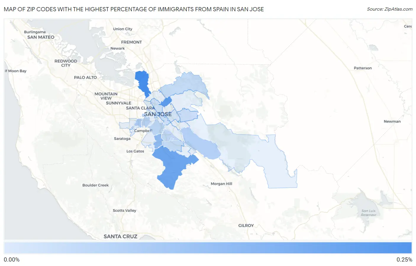 Zip Codes with the Highest Percentage of Immigrants from Spain in San Jose Map