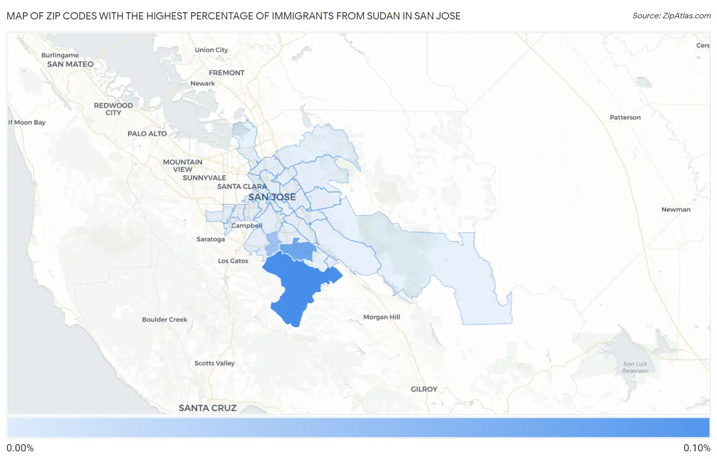 Zip Codes with the Highest Percentage of Immigrants from Sudan in San Jose Map